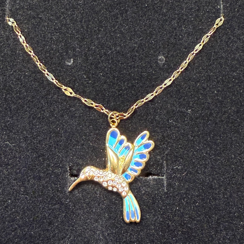 Gold Hummingbird Pendant Necklace with Blue Enamel & Rhinestones - Picture 3 of 4